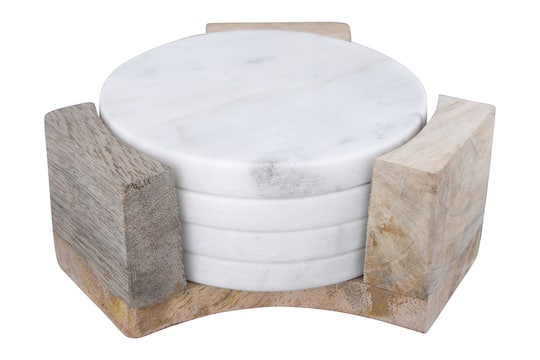 Round Marble Coasters with Mango Wood Holder Set
